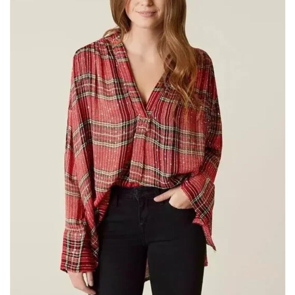 FREE PEOPLE red black tartan metallic Fearless Love oversized pullover top - Picture 11 of 11